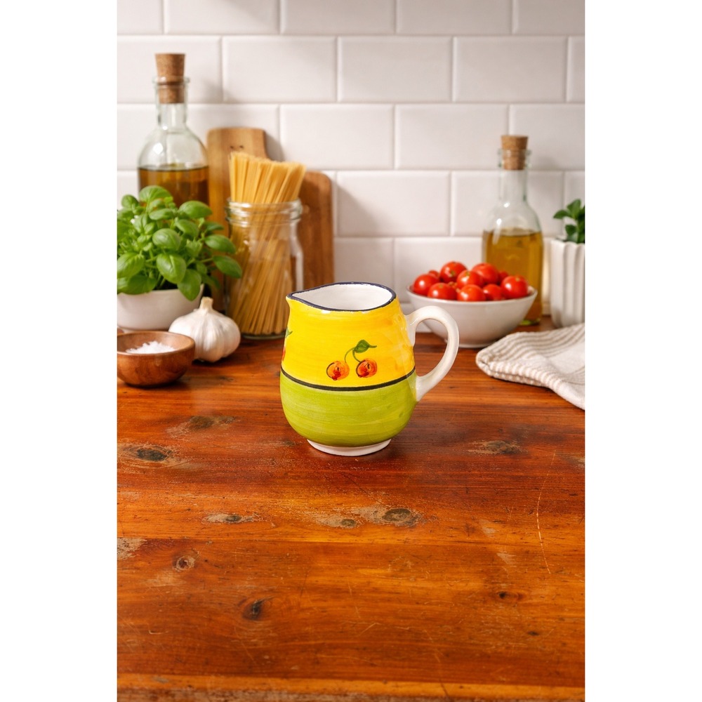 Vintage Ceramic Small Cherry Pitcher Yellow Green Hand Painted Country Kitchen